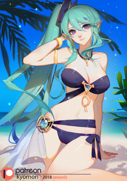 1girl, bangs, bare_shoulders, bikini, blue_eyes, blue_sky, bracelet, breasts