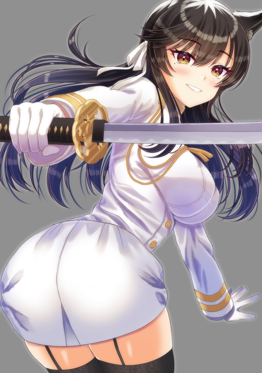 1girl, aiguillette, animal_ears, ass, atago_(azur_lane), azur_lane, bangs, black_hair