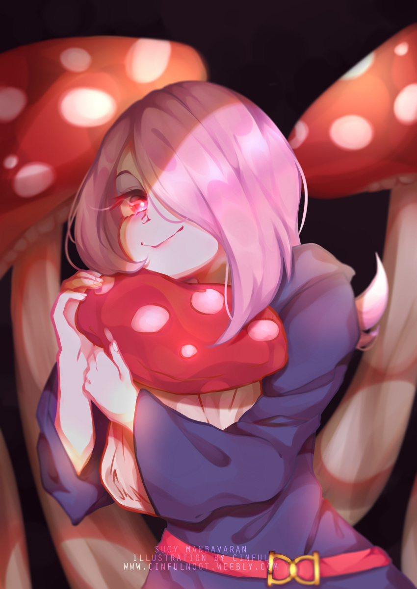1girl, absurdres, artist_name, black_background, character_name, cinful, commentary, fingernails, glowing, glowing_eyes, hair_over_one_eye, highres, little_witch_academia, long_hair, looking_at_viewer, luna_nova_school_uniform, mushroom, object_hug, pink_hair, red_eyes, robe, smile, solo, sucy_manbavaran, watermark, web_address, witch