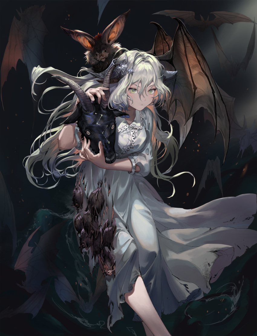 1girl, ashukapeka, bat, bat_wings, blush, closed_mouth, dress, facing_viewer