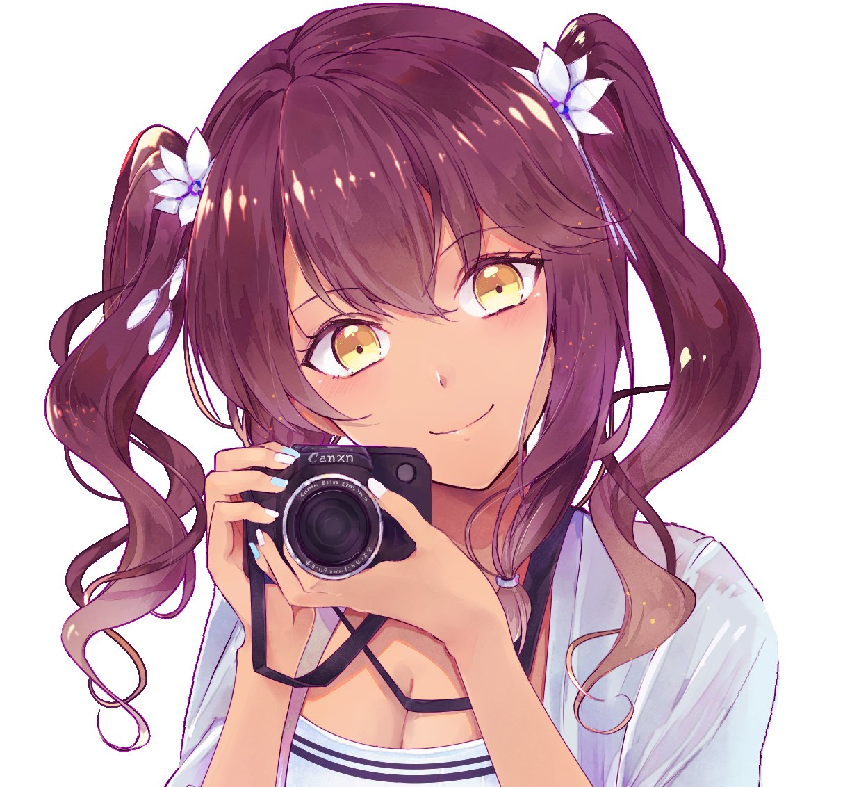 1girl, alternate_costume, bangs, blue_coat, blue_nails, blush, breasts, camera