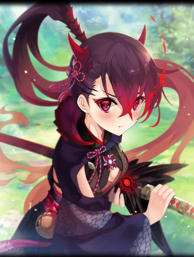1girl, :t, alternate_costume, artist_request, bell, blush, breasts, cleavage, cleavage_cutout, drawing_sword, eyeshadow, fiery_hair, hair_between_eyes, holding, holding_sword, holding_weapon, horn_ornament, horns, japanese_clothes, katana, looking_at_viewer, makeup, medium_breasts, muramasa_(phantom_of_the_kill), official_art, phantom_of_the_kill, ponytail, ponytail_holder, pout, purple_hair, saya_(scabbard), scabbard, sheath, snakeskin, solo, sword, violet_eyes, weapon