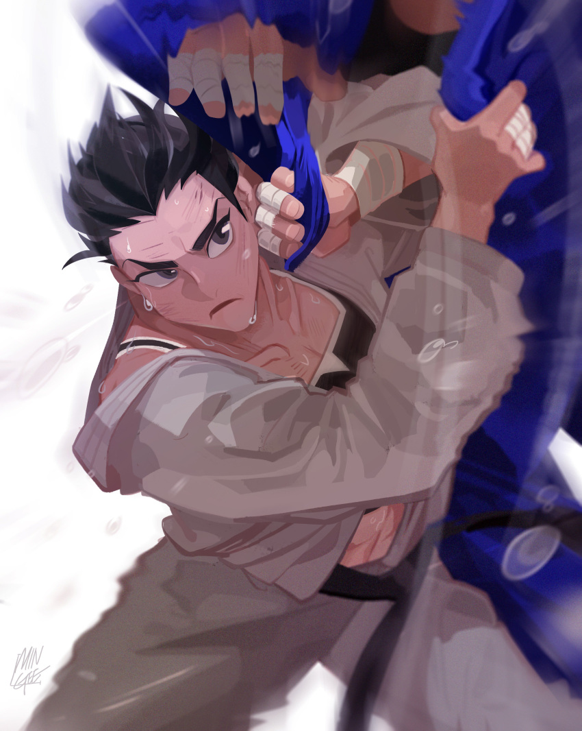 1girl, 1other, abs, absurdres, black_belt, black_hair, cha_so-wul, eyebrows