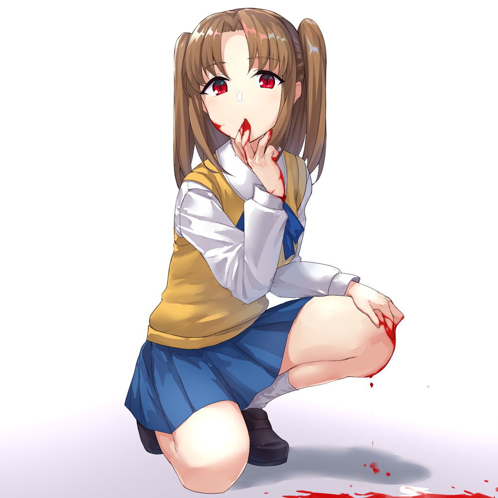 1girl, apo_(apos2721), blood, blood_on_face, kneehighs, long_hair, looking_at_viewer, pleated_skirt