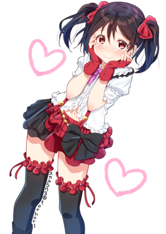 1girl, artist_name, bangs, black_bow, black_hair, black_legwear, black_skirt, blush
