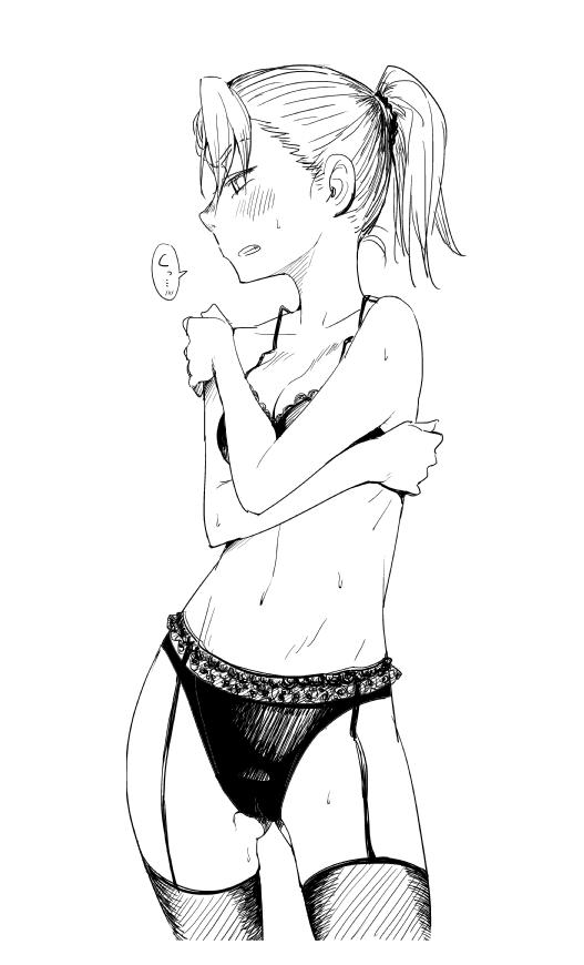 1girl, black_bra, blush, bra, breasts, cleavage, contrapposto, covering, covering_chest, embarrassed, garter_belt, garter_straps, holding_shoulder, jericho_(nanatsu_no_taizai), lace, lace-trimmed_bra, lace-trimmed_garter_belt, lingerie, looking_to_the_side, monochrome, nanatsu_no_taizai, navel, ponytail, simple_background, solo, sweat, thigh-highs, toruneko, underwear, underwear_only, white_background