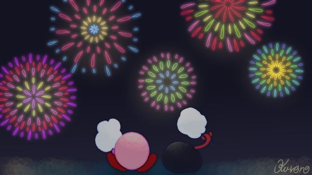 cotton_candy, dark, fireworks, from_behind, gooey, kirby, kirby_(series), kurono969, light, saliva, signature, simple_background, smoke, tongue