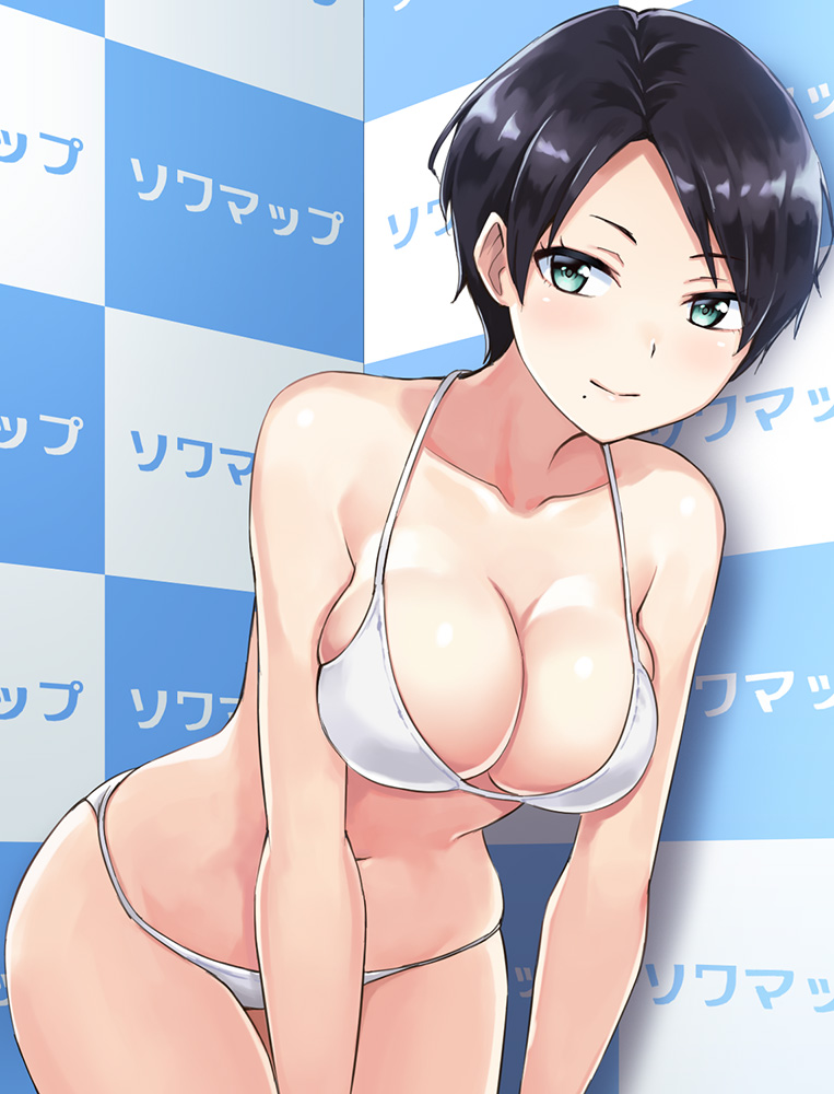 1girl, aqua_eyes, black_hair, breasts, checkered, checkered_background, cleavage, cowboy_shot