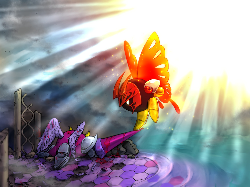 2boys, angel_wings, blood, bug, butterfly, butterfly_wings, commentary_request, galacta_knight