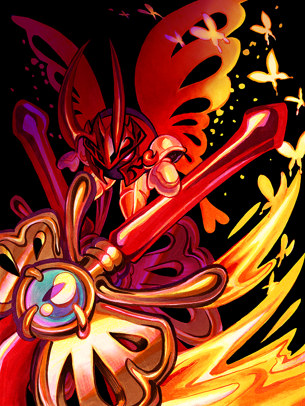1boy, black_background, bug, butterfly, butterfly_wings, highres, holding, holding_sword