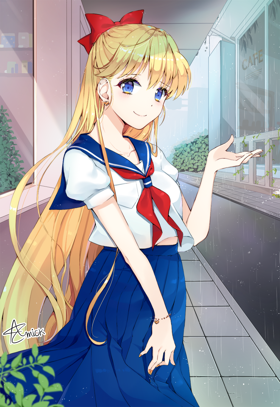 1girl, aino_minako, amick_(americanomix), bishoujo_senshi_sailor_moon, blonde_hair, blue_eyes, blue_skirt, bow, collarbone, earrings, floating_hair, hair_between_eyes, hair_bow, highres, jewelry, long_hair, long_skirt, looking_at_viewer, neckerchief, outdoors, pleated_skirt, rain, red_bow, red_neckwear, school_uniform, serafuku, shirt, short_sleeves, signature, skirt, smile, solo, standing, very_long_hair, white_shirt