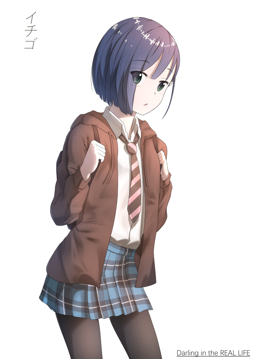 1girl, absurdres, asymmetrical_hair, backpack, bag, black_legwear, blue_hair, blue_skirt, brown_jacket, casual, character_name, copyright_name, cowboy_shot, darling_in_the_franxx, eyebrows_visible_through_hair, green_eyes, highres, ichigo_(darling_in_the_franxx), jacket, miniskirt, necktie, open_clothes, open_jacket, pantyhose, parted_lips, pleated_skirt, shiny, shiny_hair, shirt, short_hair, simple_background, skirt, solo, standing, striped_neckwear, white_background, white_shirt, yuyu_guantou_(marky)