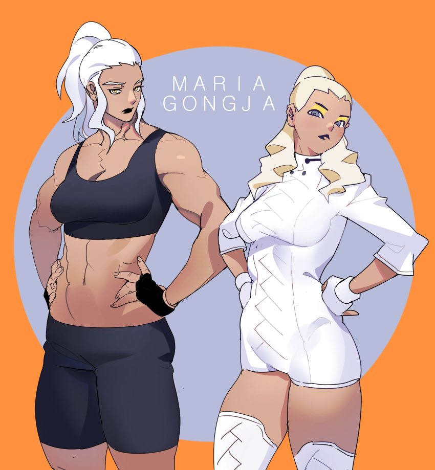 2girls, abs, ahaeng, bare_arms, biceps, black_gloves, black_lipstick, blonde_hair, character_name, commentary, dress, fingerless_gloves, gloves, gongja, grey_eyes, gyeoggi_3_ban, hands_on_hips, highres, lipstick, makeup, maria_dacascos, midriff, mixed_martial_arts, mma_gloves, multiple_girls, muscle, muscular_female, short_dress, shoulders, silver_hair, split_ponytail, sports_bra, thighs, white_dress, white_gloves, yellow_eyes