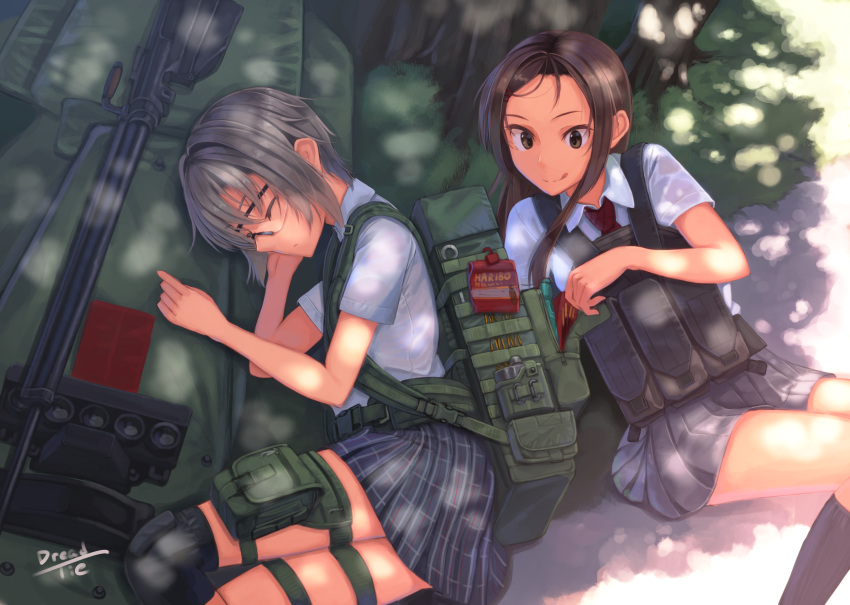 2girls, anti-materiel_rifle, backpack, bag, brown_eyes, brown_hair, closed_eyes, dappled_sunlight, dreadtie, food, food_theft, gun, haribo, highres, knee_pads, kneehighs, load_bearing_vest, long_hair, lying, military, multiple_girls, necktie, on_side, original, plaid, plaid_skirt, pocky, rifle, safety_glasses, school_uniform, short_hair, signature, silver_hair, skirt, sleeping, sniper_rifle, sunlight, thigh_pouch, thigh_strap, tongue, tongue_out, tree, weapon