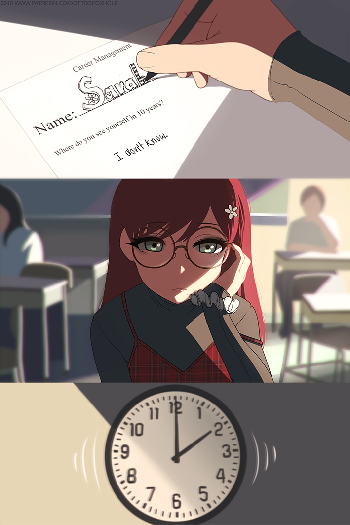 1girl, class, clock, comic, flower, glasses, green_eyes, hair_flower