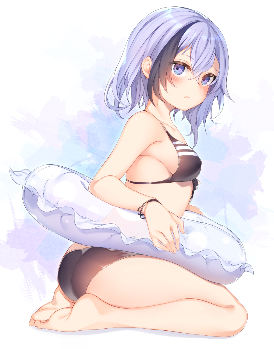 1girl, bangs, barefoot, bikini, black_bikini, black_hair, blush, breasts