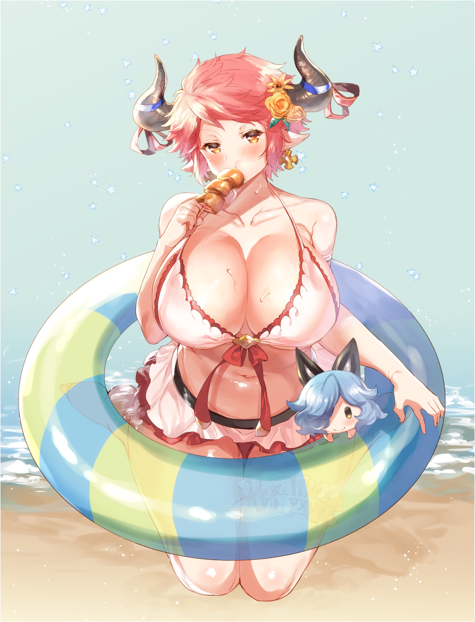 1girl, animal_ears, armband, bangs, bare_arms, bare_shoulders, beach, belly