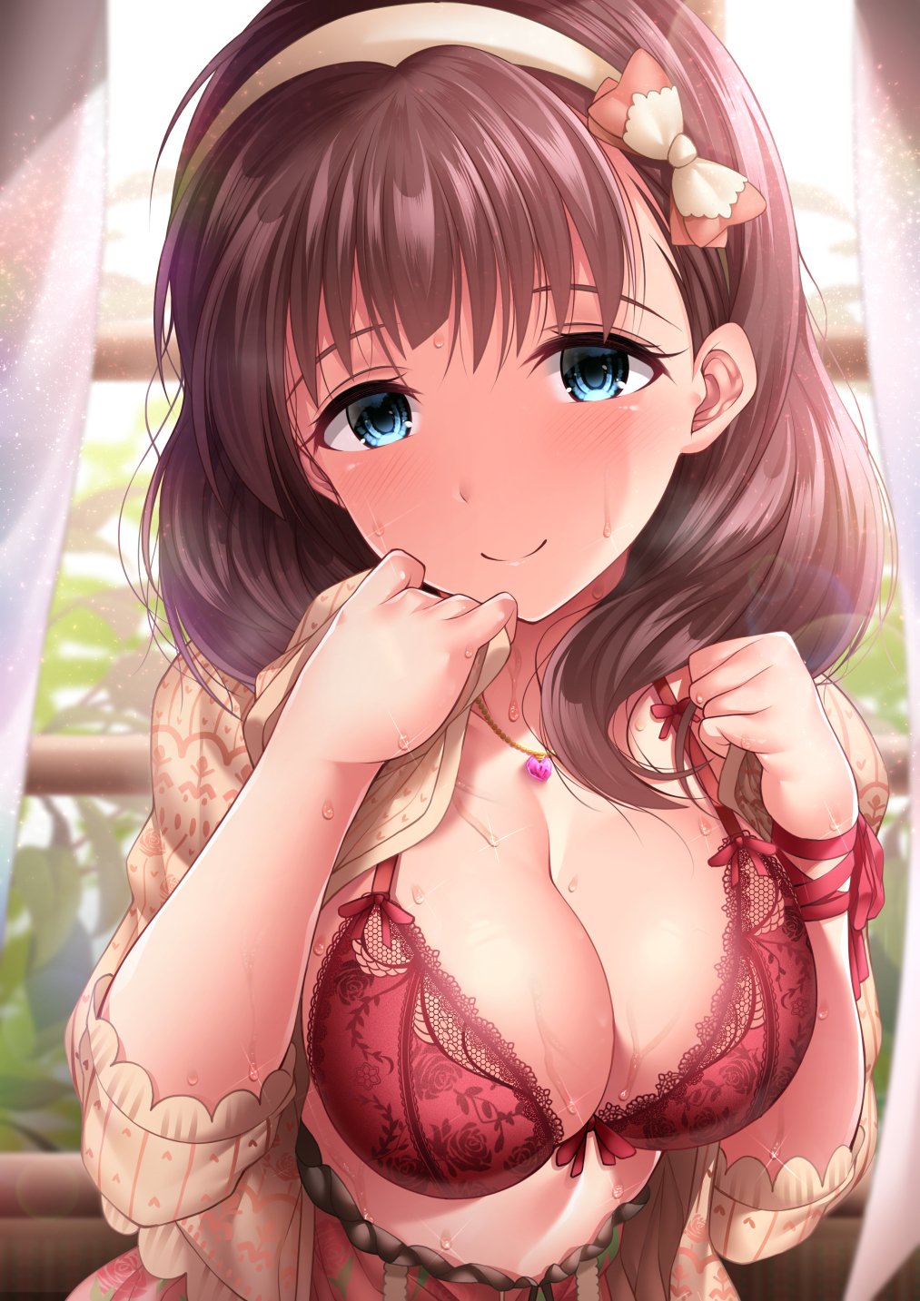 1girl, backlighting, bangs, beige_sweater, blue_eyes, blush, bow, bra