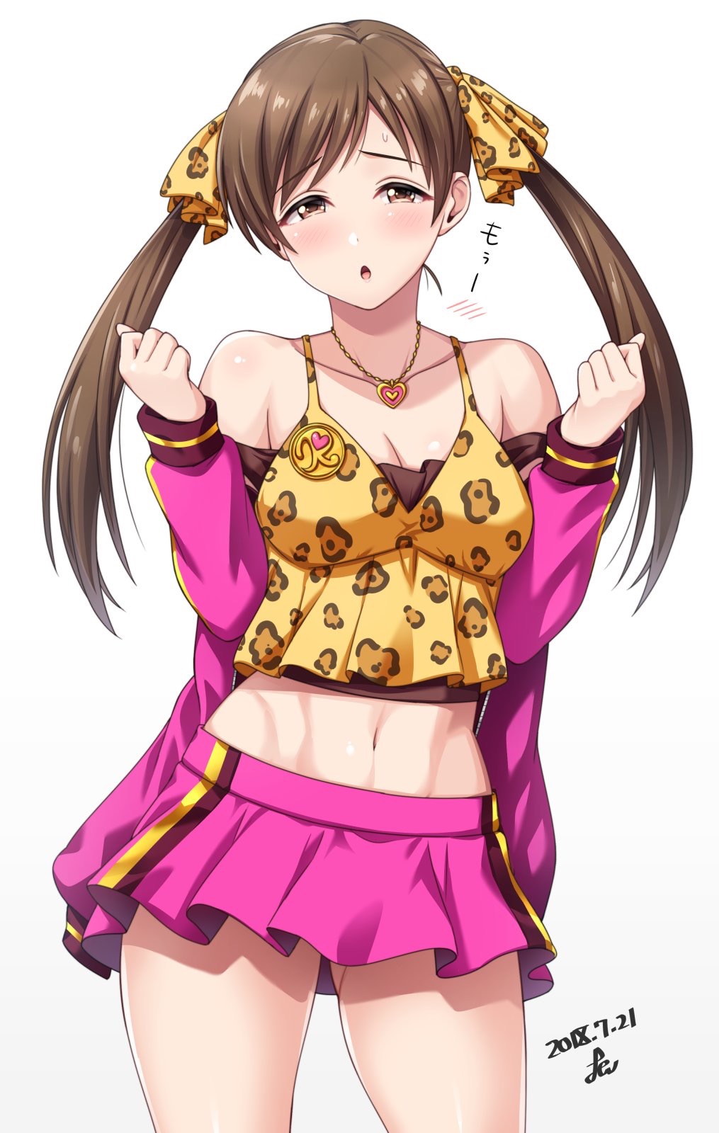 1girl, :o, animal_print, bangs, bare_shoulders, blush, breasts, brown_eyes