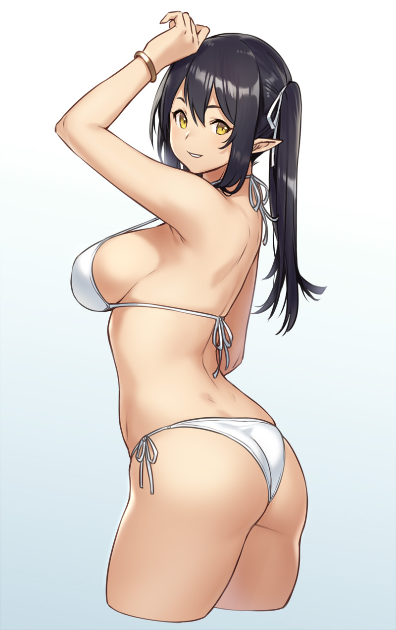 1girl, armpits, ass, bangs, bare_shoulders, bikini, black_hair, bracelet