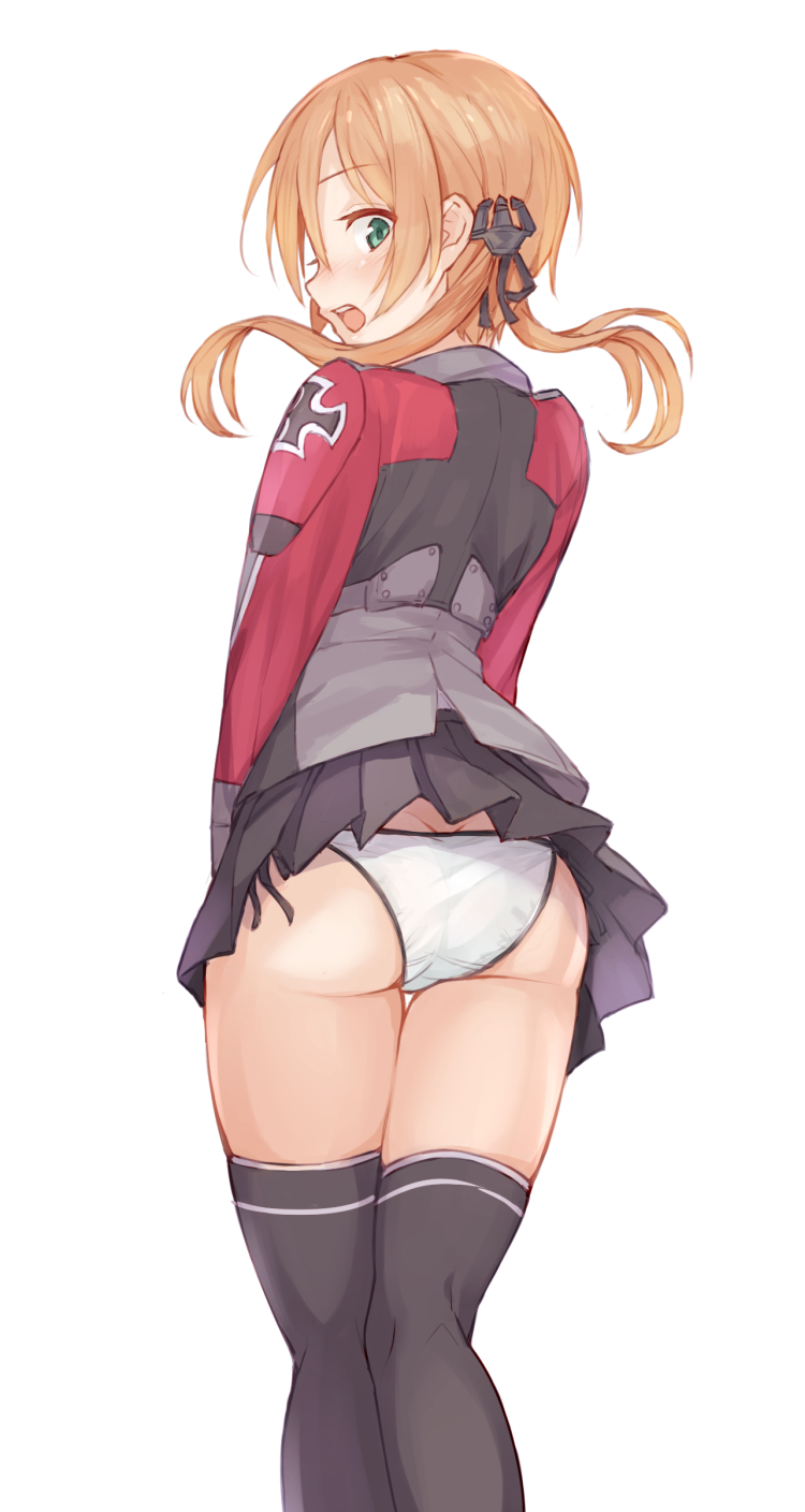 1girl, anchor_hair_ornament, aqua_eyes, ass, black_legwear, black_skirt, blonde_hair, feet_out_of_frame