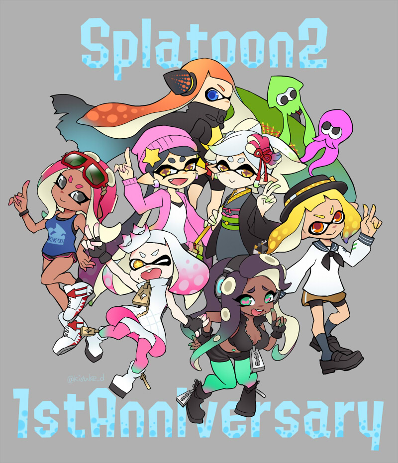 6+girls, :>, agent_3_(splatoon), agent_4_(splatoon), agent_8_(splatoon), anniversary, aori_(splatoon), beanie