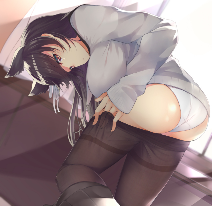 1girl, alternate_costume, animal_ears, ass, atago_(azur_lane), azur_lane, bangs, bent_over