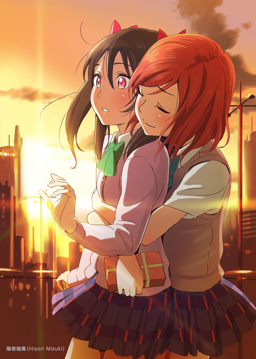 2girls, artist_name, black_hair, blue_skirt, bow, bowtie, box, closed_eyes