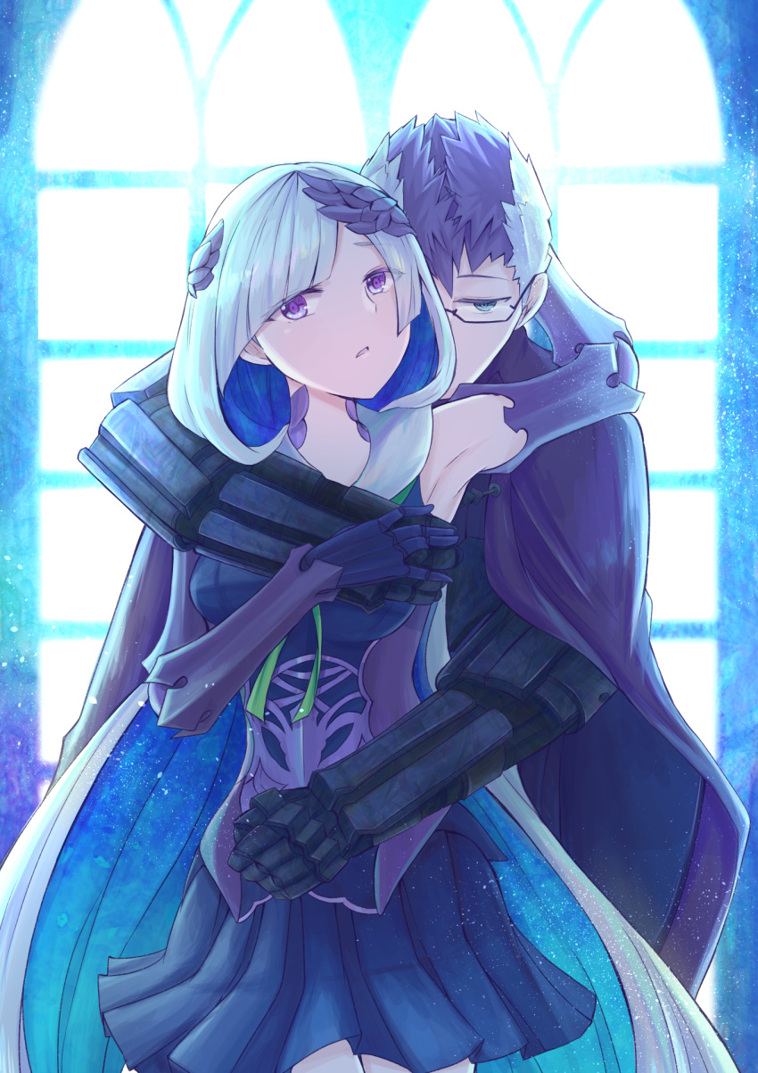1boy, 1girl, armor, armored_dress, armpits, black_gloves, black_skirt, blue_background