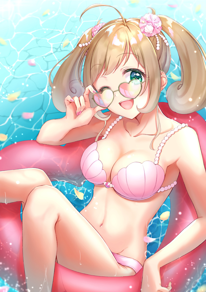 1girl, ;d, adjusting_eyewear, ahoge, anoa, arm_up, armpits, bangs