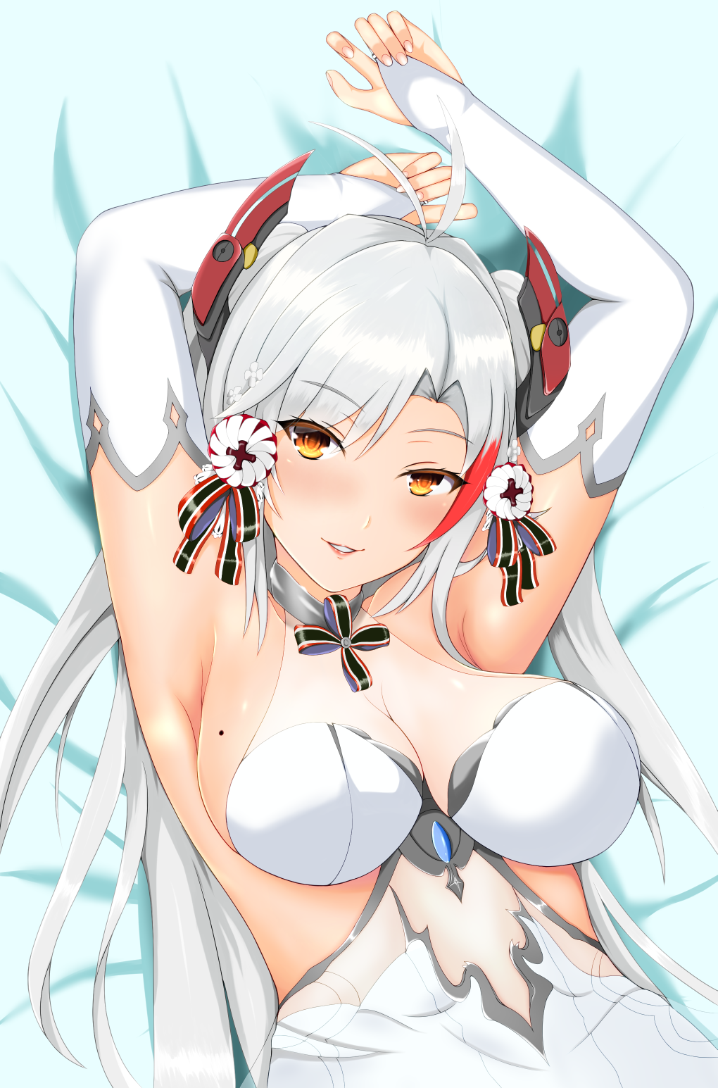 1girl, alternate_costume, antenna_hair, armpits, arms_up, azur_lane, bangs, bed_sheet