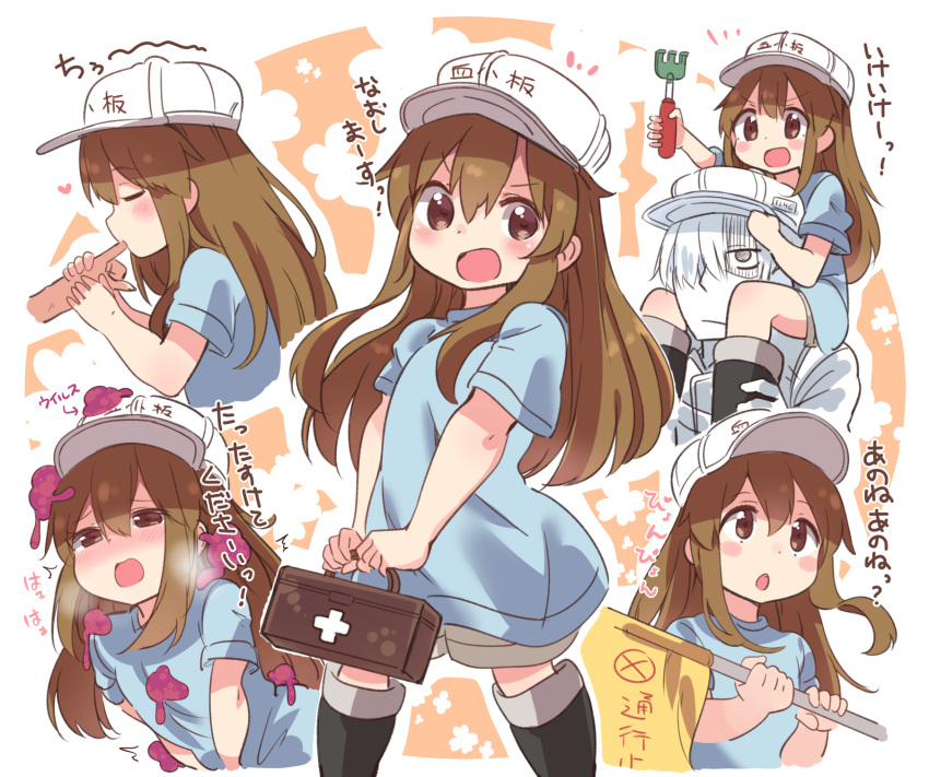 >:d, 1boy, 1girl, baseball_cap, blush, breath, brown_eyes, brown_hair