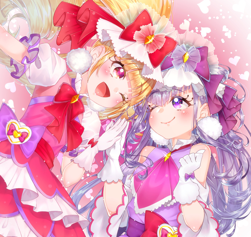 2girls, ;d, aisaki_emiru, blonde_hair, blush, bow, closed_mouth, cure_amour