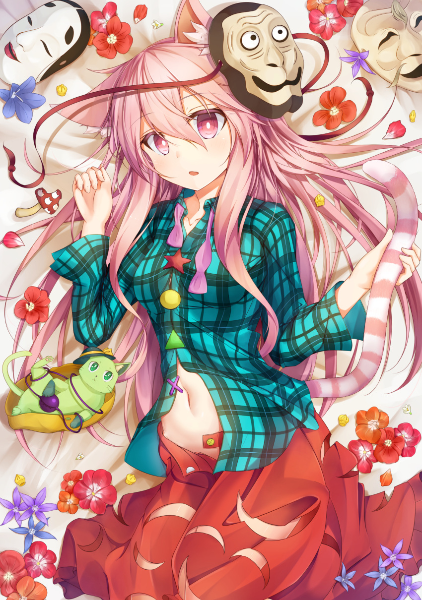 1girl, animal_ears, animalization, aqua_shirt, black_hat, blue_flower, bow, breasts, cat, cat_ears, cat_tail, circle, collarbone, commentary_request, cowboy_shot, eyebrows_visible_through_hair, flower, green_cat, green_eyes, hair_between_eyes, hand_up, hat, hat_bow, hata_no_kokoro, highres, holding_tail, kemonomimi_mode, komeiji_koishi, long_hair, long_sleeves, looking_at_viewer, lying, mask, mask_on_head, medium_breasts, moai21, mushroom, navel, neck_ribbon, on_back, parted_lips, petals, pink_eyes, pink_hair, plaid, plaid_shirt, purple_flower, purple_neckwear, purple_ribbon, red_flower, red_skirt, ribbon, shirt, skirt, solo, star, tail, thighs, third_eye, touhou, triangle, very_long_hair, white_flower, wing_collar, x, yellow_bow