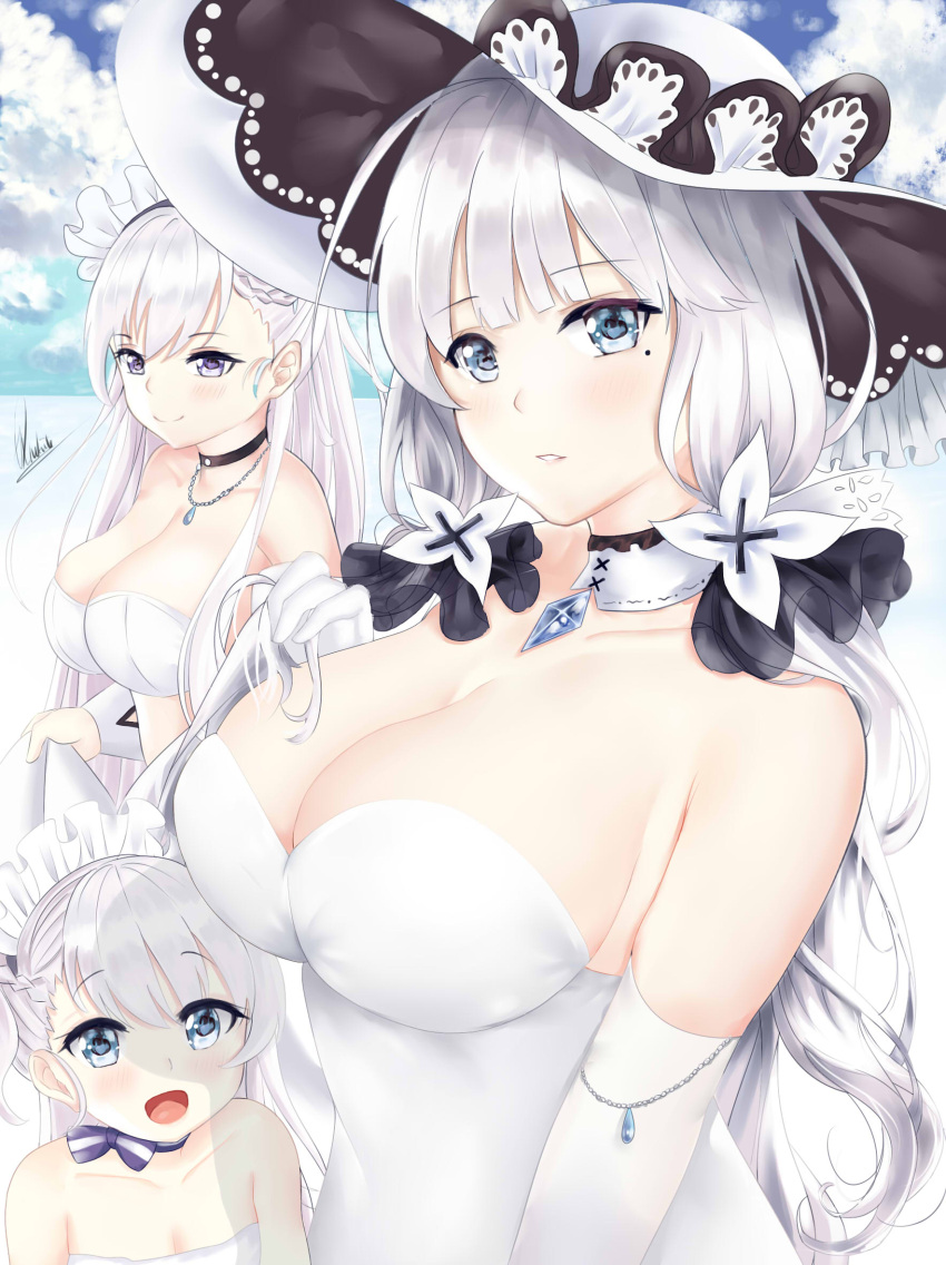 3girls, alternate_costume, armlet, azur_lane, bangs, belchan_(azur_lane), belfast_(azur_lane), bikini, blue_eyes, blue_sky, blush, braid, breasts, choker, cleavage, closed_mouth, clouds, collarbone, day, dress, elbow_gloves, eyebrows_visible_through_hair, frills, gloves, hair_ornament, hair_ribbon, hat, highres, illustrious_(azur_lane), jewelry, lace-trimmed_hat, large_breasts, long_hair, looking_at_viewer, low_twintails, maid_headdress, mole, mole_under_eye, multiple_girls, necklace, one_side_up, open_mouth, outdoors, parted_lips, pendant, piukute062, ribbon, sapphire_(stone), signature, silver_hair, sky, smile, strapless, strapless_dress, sun_hat, swimsuit, tress_ribbon, twintails, white_bikini, white_dress, white_gloves, white_hair, white_hat, younger
