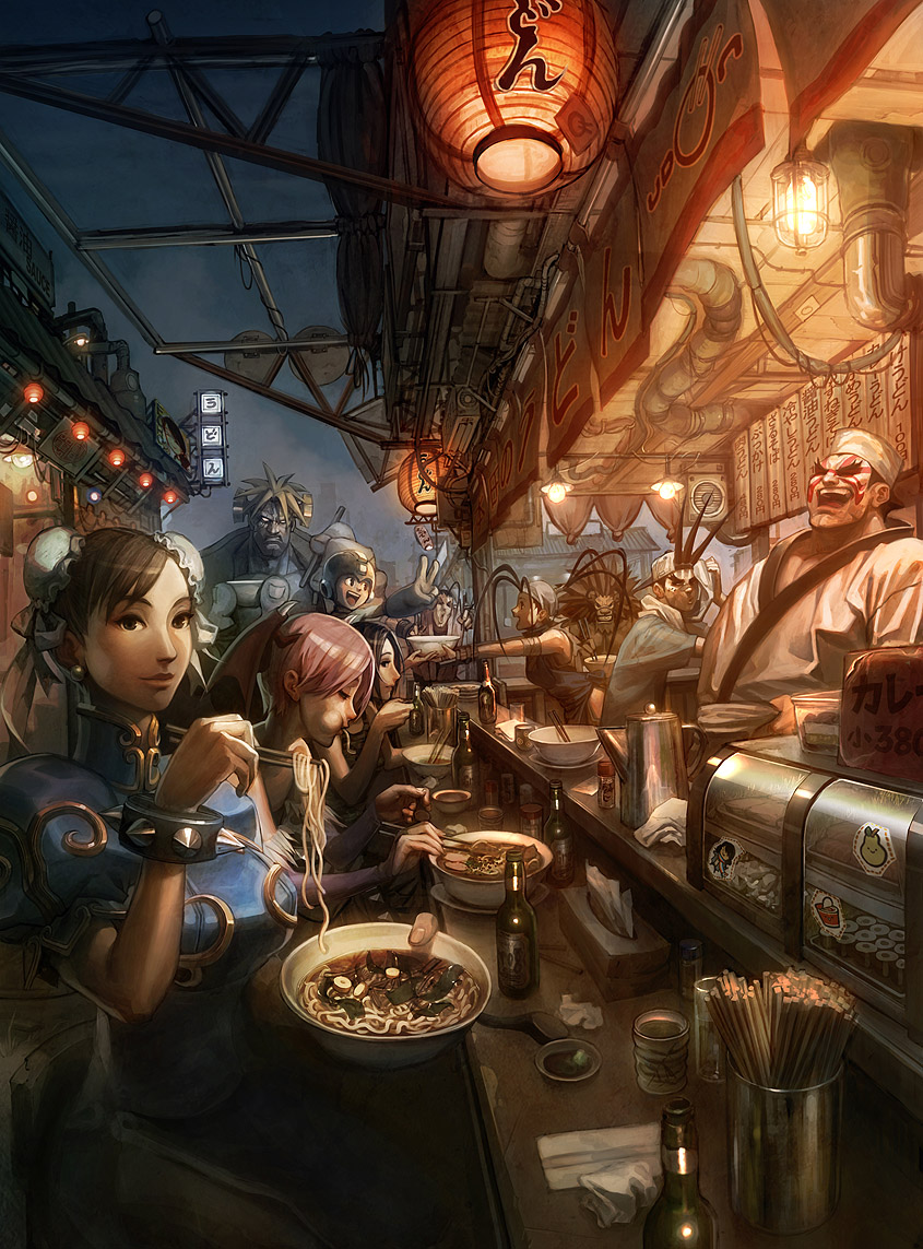 arnold_tsang, bat_wings, black_eyes, black_hair, bottle, bowl, breasts, brown_eyes