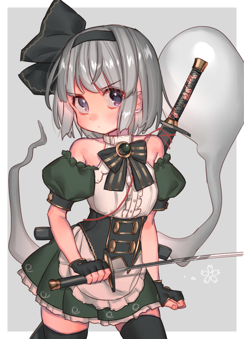 1girl, apron, bangs, bare_shoulders, black_hairband, blue_eyes, bow, bowtie