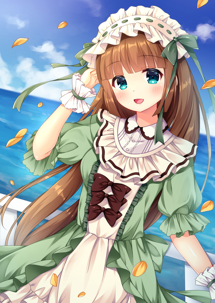 1girl, :d, bangs, black_bow, blue_eyes, blue_sky, blunt_bangs, blush, bow, brown_hair, clouds, commentary_request, day, dress, eyebrows_visible_through_hair, frilled_hairband, frills, fujikura_ryuune, green_bow, green_dress, hairband, head_tilt, horizon, lolita_fashion, long_hair, looking_at_viewer, ocean, open_mouth, original, outdoors, petals, puffy_short_sleeves, puffy_sleeves, railing, ribbon-trimmed_hairband, ribbon_trim, short_sleeves, sky, smile, solo, very_long_hair, water, white_hairband, wrist_cuffs