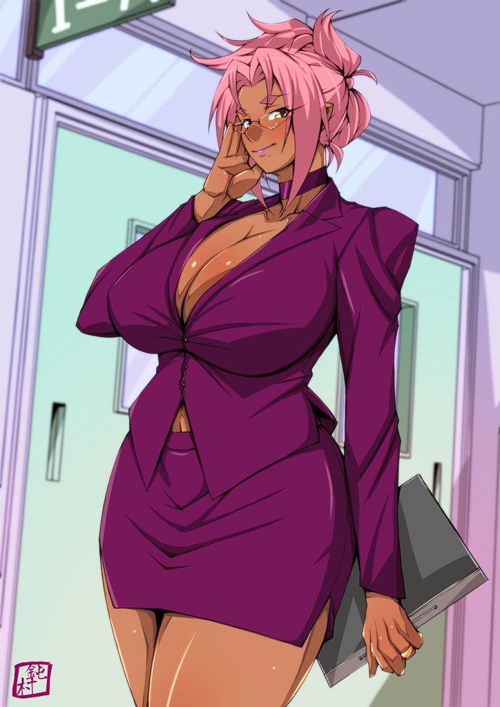 1girl, breasts, copyright_request, dark_skin, glasses, huge_breasts, ingrid_(taimanin_asagi), miniskirt, pink_hair, skirt, taimanin_(series), taimanin_asagi