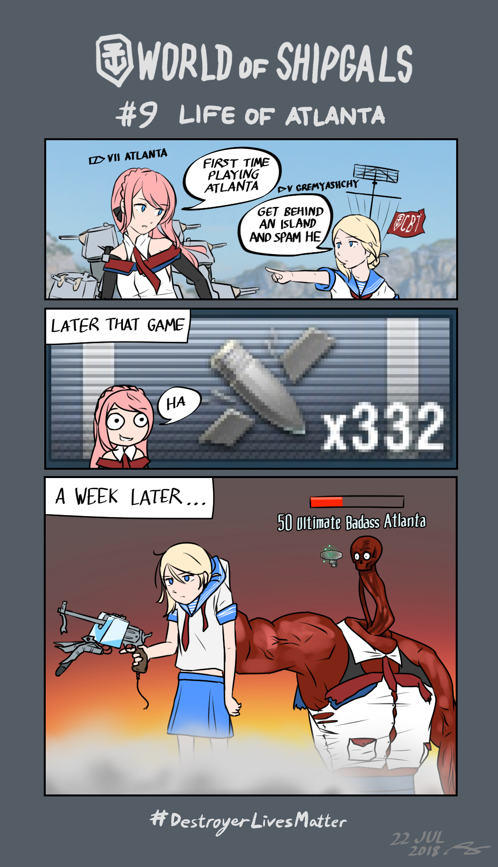 2girls, 3koma, atlanta_(azur_lane), azur_lane, blonde_hair, blue_eyes, borderlands_2, cannon