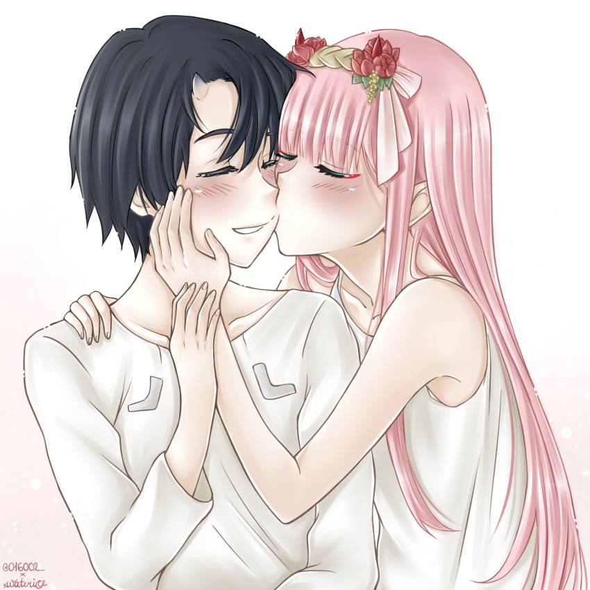 1boy, 1girl, bangs, black_hair, blue_horns, blush, cheek_kiss, closed_eyes