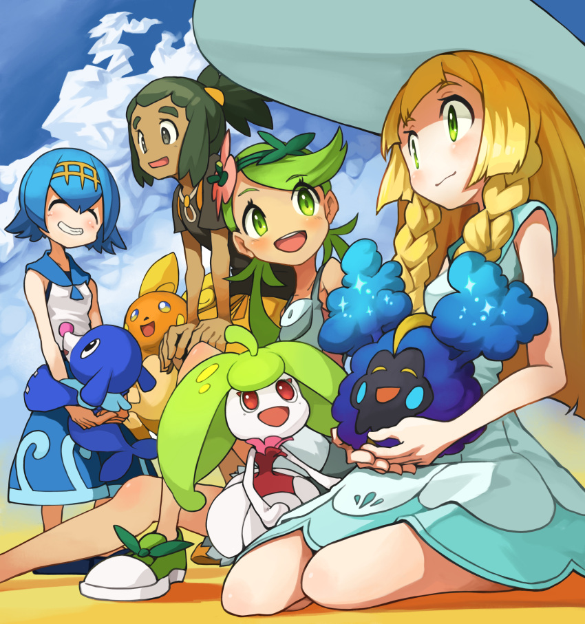 1boy, 3girls, absurdres, alolan_raichu, blonde_hair, blue_hair, blue_sky, blush