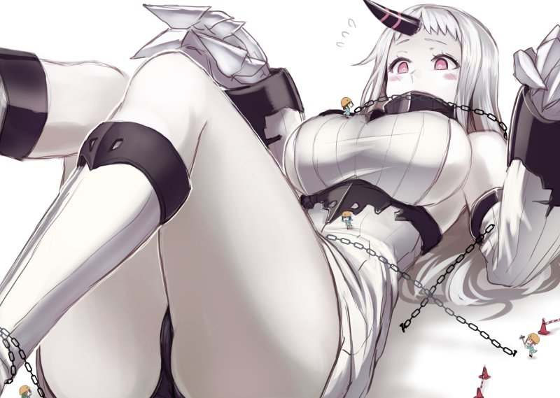 4girls, blush, bound, breasts, chains, claws, covered_mouth, detached_sleeves