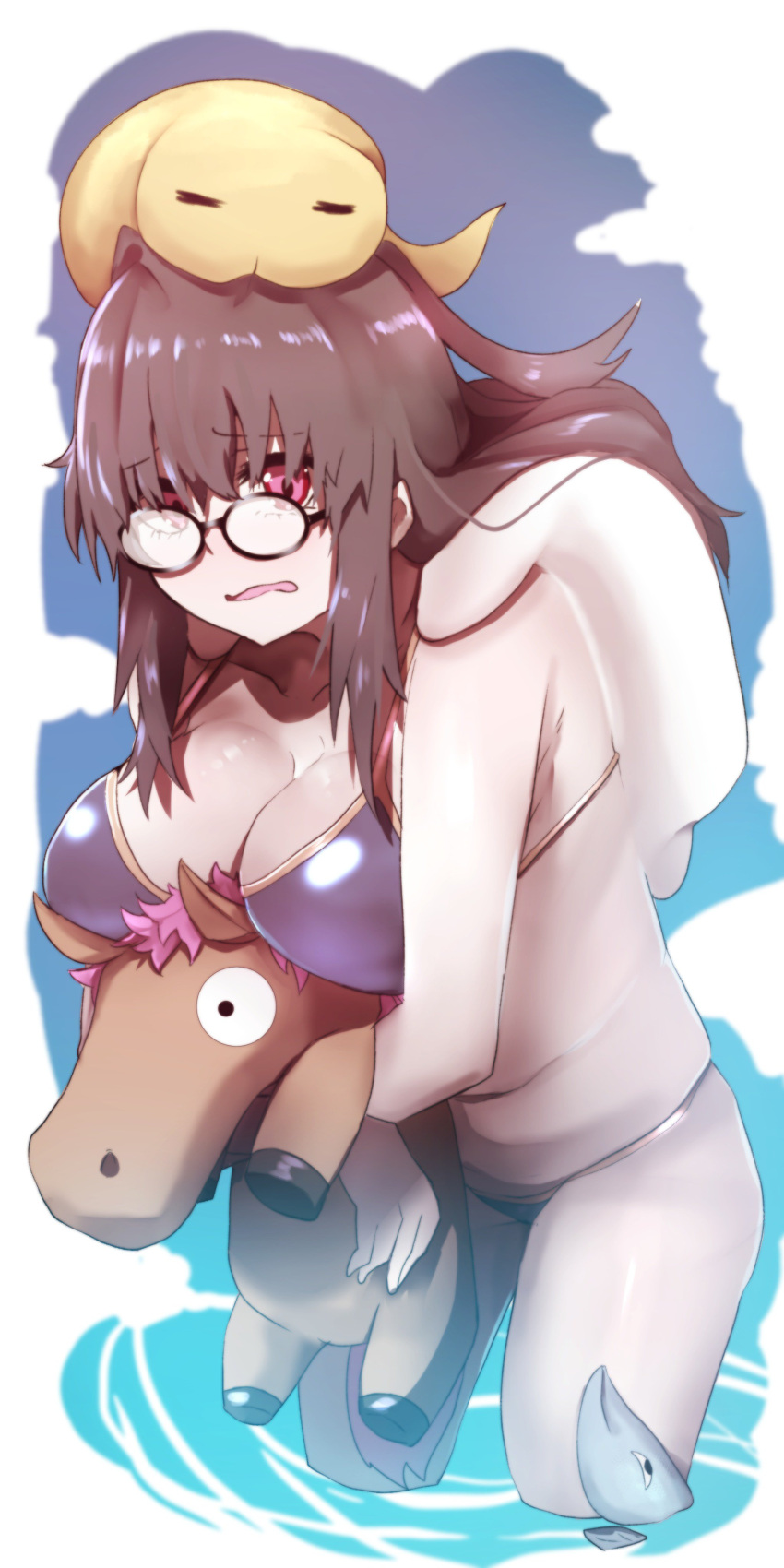 1girl, absurdres, animal, animal_hug, bangs, bare_arms, bare_shoulders, black-framed_eyewear
