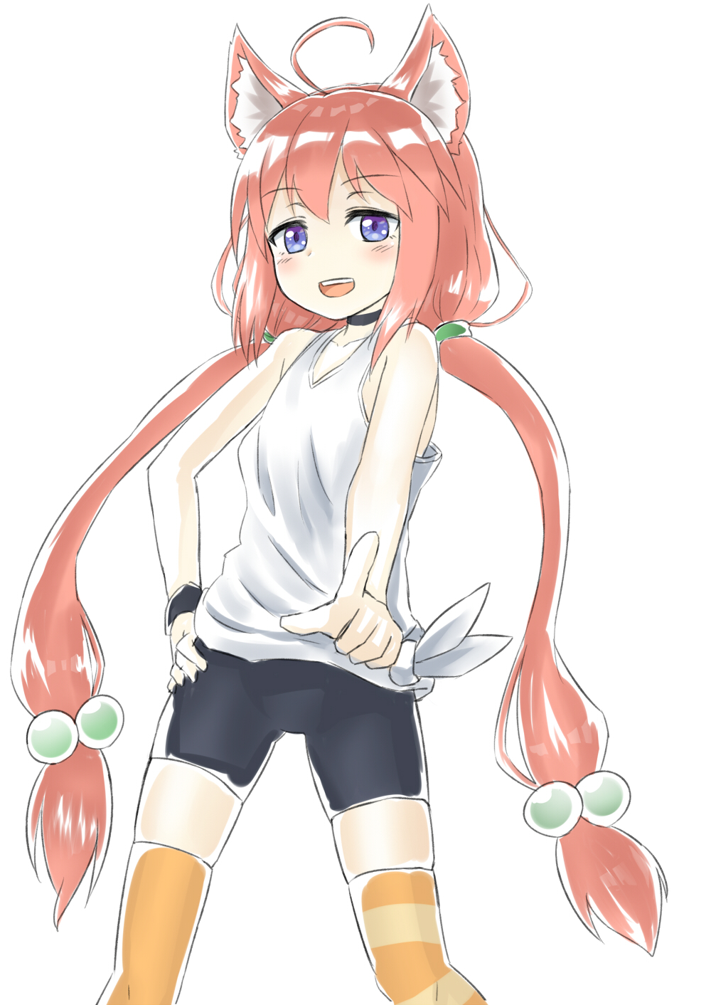1girl, :d, animal_ears, bangs, bare_arms, bare_shoulders, bike_shorts, black_choker, black_shorts, blue_eyes, blush, cat_ears, choker, collarbone, eyebrows_visible_through_hair, hair_between_eyes, hair_bobbles, hair_ornament, hand_on_hip, highres, hinata_channel, jd_(bibirijd), long_hair, low_twintails, mismatched_legwear, nekomiya_hinata, open_mouth, orange_legwear, pointing, pointing_at_viewer, redhead, short_shorts, shorts, simple_background, smile, solo, striped, striped_legwear, tank_top, thigh-highs, twintails, upper_teeth, very_long_hair, virtual_youtuber, white_tank_top