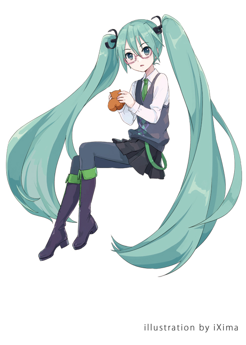 1girl, aqua_eyes, aqua_hair, artist_name, black_skirt, boots, glasses, green_neckwear
