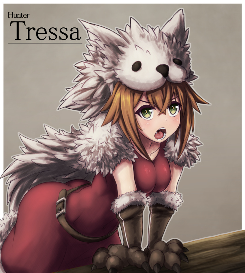 1girl, animal_hood, belt, breasts, brown_hair, cape, character_name, covered_navel