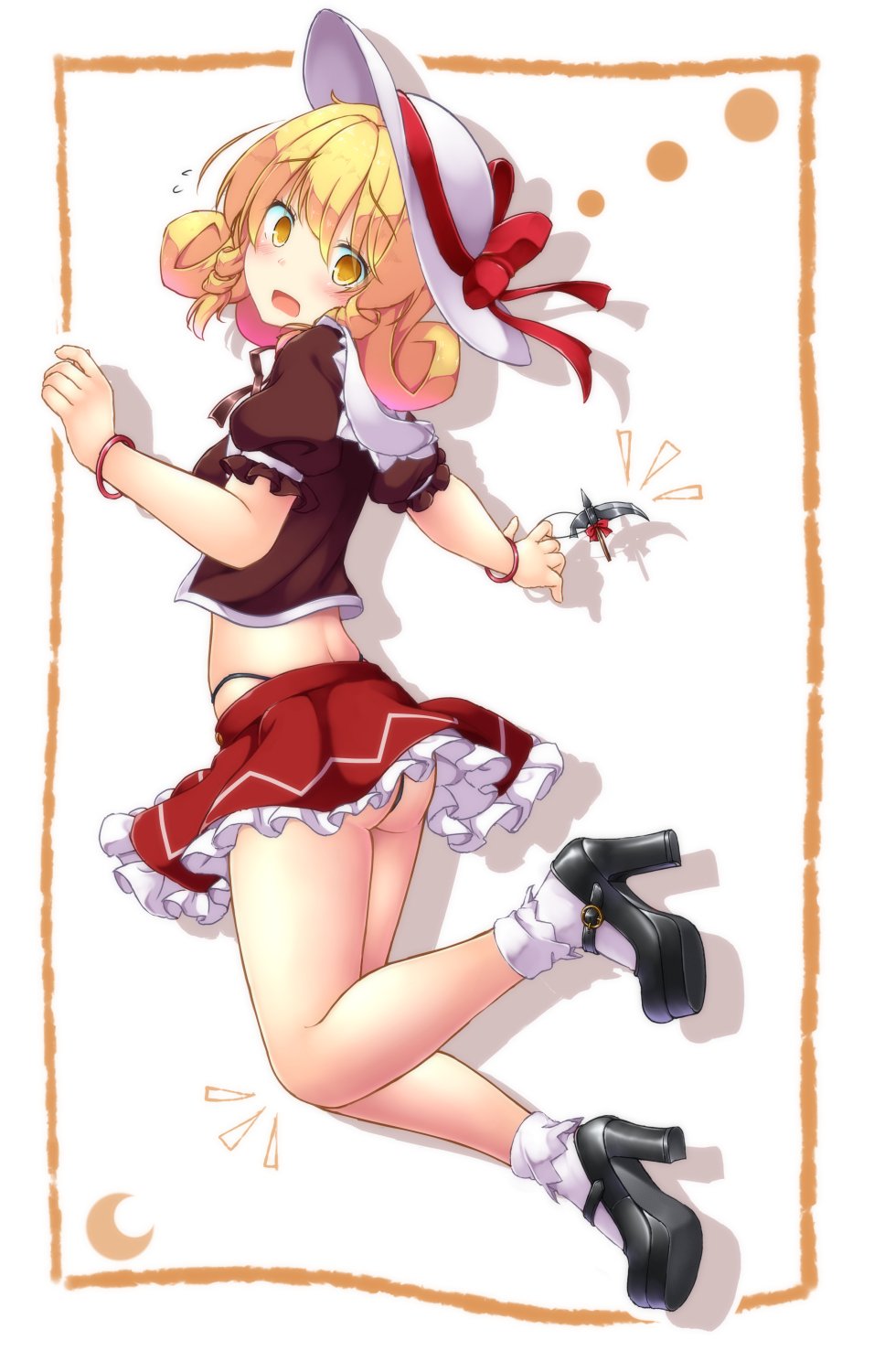 1girl, aka_tawashi, ass, bangs, bare_legs, black_footwear, black_panties, blonde_hair