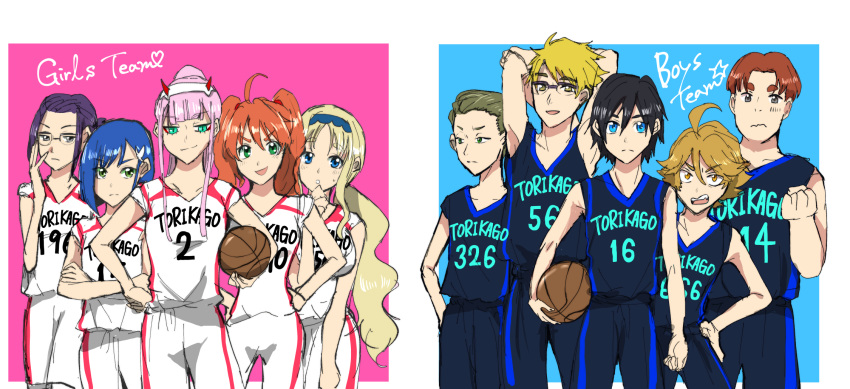 5boys, 5girls, ahoge, ball, bangs, basketball, basketball_uniform, black_hair