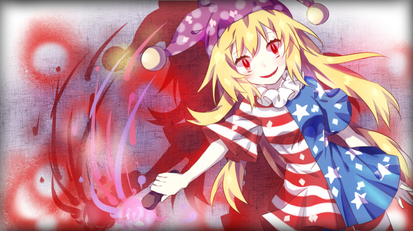 1girl, american_flag_dress, american_flag_legwear, blonde_hair, breasts, chinese_commentary, clownpiece, commentary_request